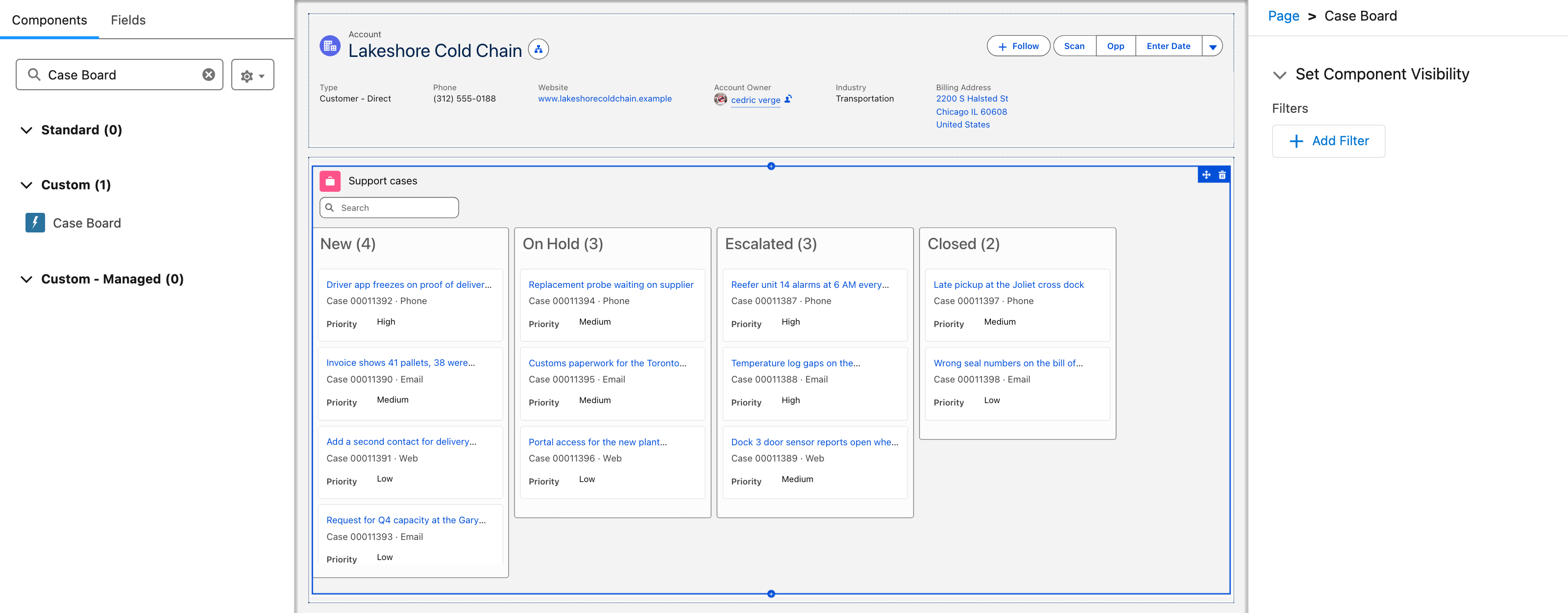 Lightning App Builder with the Components panel searched for Case Board, listed under Custom (1), and the Case Board selected on the Account page, showing its four status columns